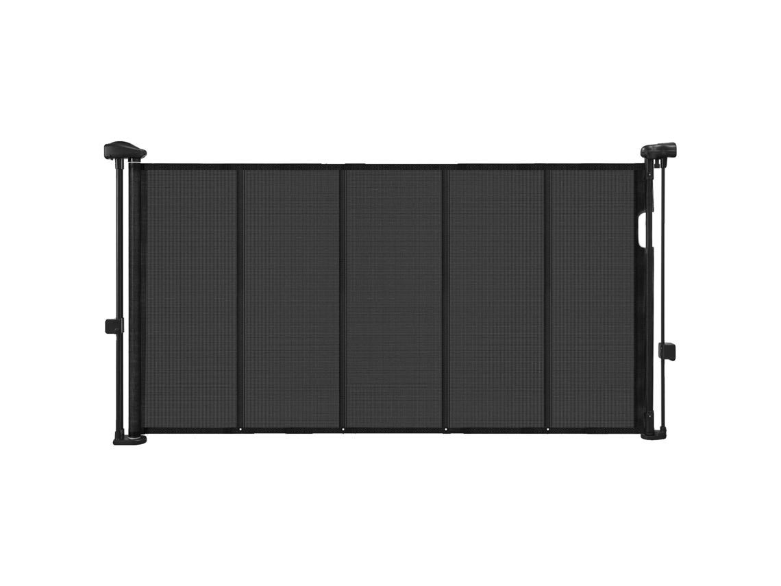 Barrera de seguridad retráctil para bebés, material de malla, instalación ajustable, color negro, 55 pulgadas.