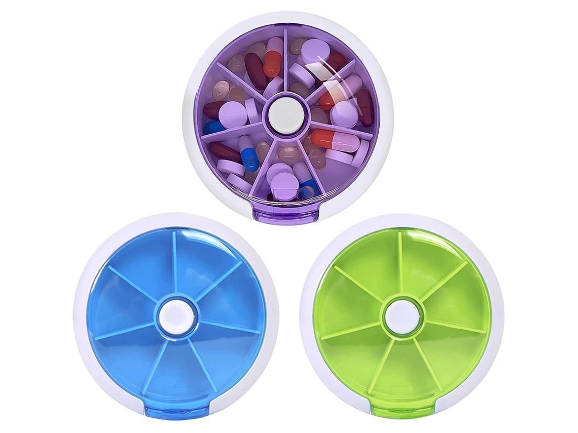 Caja Organizadora Semanal De Medicamentos 3x7 Días, Dispensador Con 21 Compartimentos, Botón Giratorio, Pp Sin Bpa, Portátil (morado, Azul, Verde)