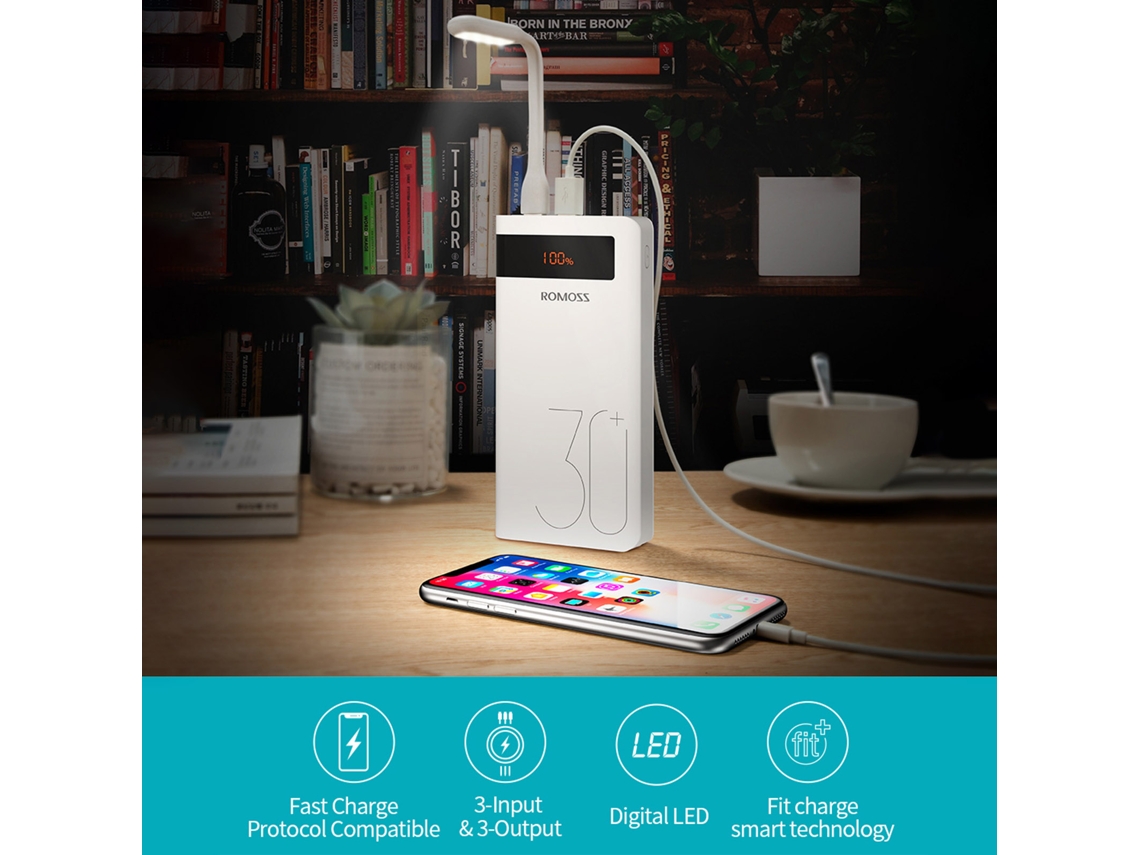Batería Portátil Romoss Sense 8p+ De 30000 Mah Con Carga Rápida De 18 W Y Pantalla Led.