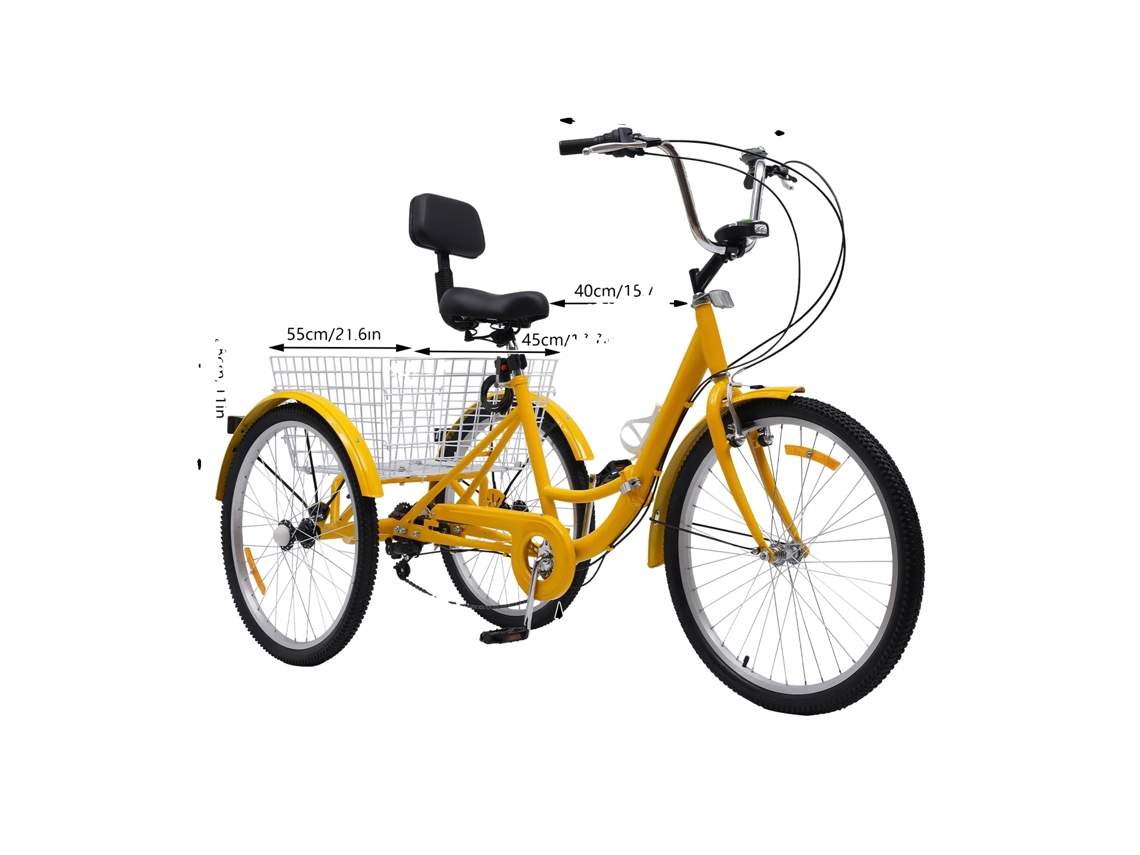 Triciclo amarillo para adultos, sistema de cambios de 7 velocidades, canasta trasera espaciosa, OEM amarillo