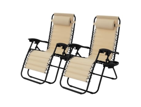 2x Tumbona plegable beige con reposacabezas y portavasos ML-DESIGN