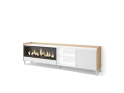 Mueble para TV, 212x35x61cm, para televisores de hasta 80'', chimenea eléctrica XXL, diseño industrial, LED, blanco y roble claro.