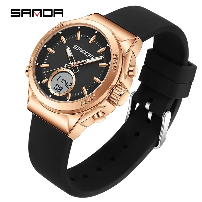 Elegante Y Casual Reloj Electrónico Para Mujer Con Alarma, Luminoso, Resistente Al Agua, Doble Pantalla Y Funciones Multifuncionales.
