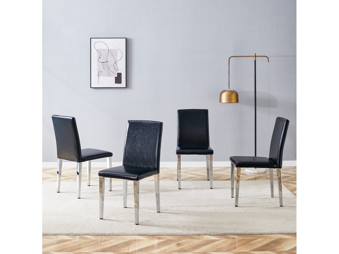 4 Sillas Comedor, Piel Sintética Negra, Patas Metal Plateado