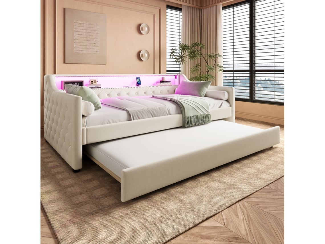 Sofá Cama Convertible De 90x200 Cm, Color Beige, Con Led Retráctil Y Puerto Usb.