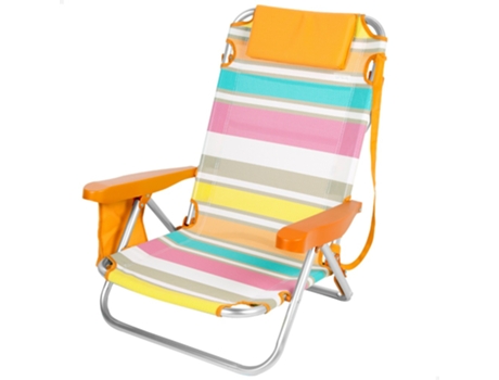 AKTIVE Silla de playa baja plegable y reclinable 4 posiciones c/bolsillo, cojín y asa multicolor