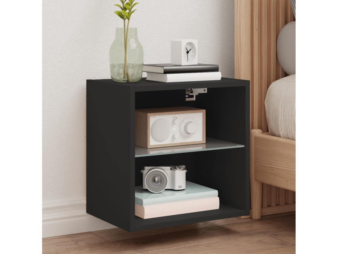 Mesita de Noche Pared Luces Led Madera Negro (40x28.5x40cm)