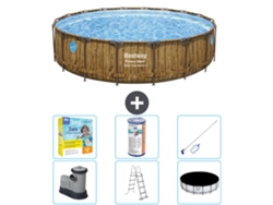 Piscina BESTWAY Round Power Steel Swim Vista - Impresión en madera - 549 x 122 - Incluye bomba - Escalera - Cubierta Accesorios CB36