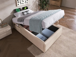 Cómoda Tapizada 90×200 Cm - Tejido De Lino - Con Enchufes De Carga Y Cojín De Láminas - Beige