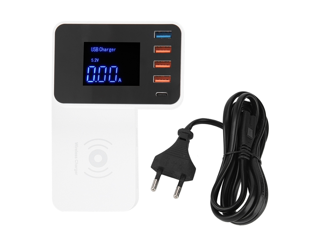 Estación De Carga Inalámbrica Rápida Smart Led Usb De 5 Puertos Con Qc3.0 Y Enchufe Eu
