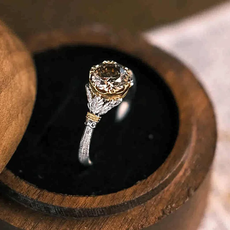 Anillo De Cóctel Vintage Con Diamantes, Joya De Compromiso Con Diamante Marrón De 1 Quilate.