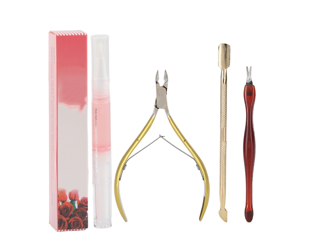 Kit De Manicura Con 4 Herramientas: Cortaúñas, Removedor De Cutículas, Empujador De Piel Muerta Y Lápiz Alisador.