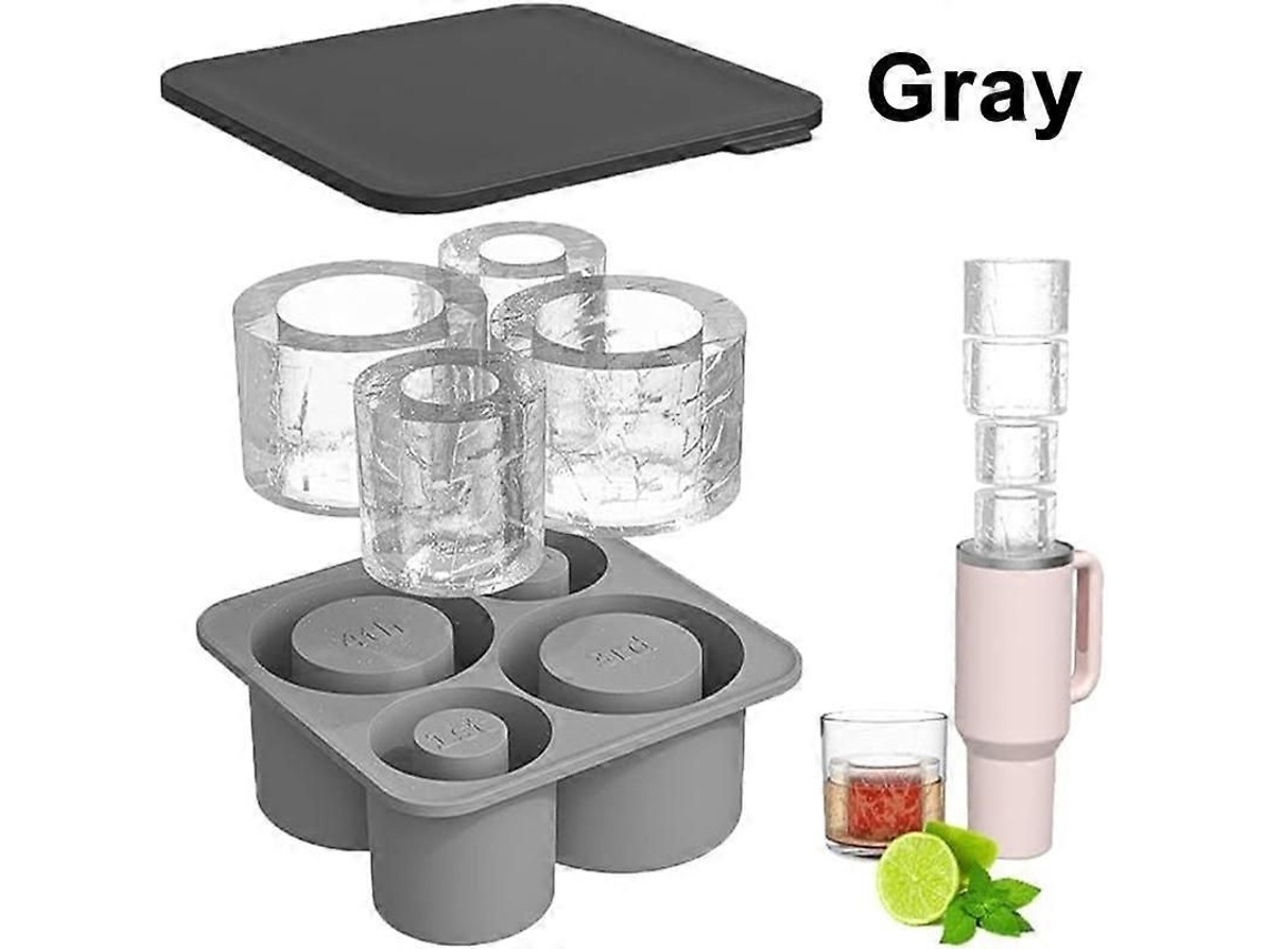 Bandeja Cilíndrica De Silicona Para Cubitos De Hielo Con Tapa Para Vasos Stanley, Accesorio De 4 Rejillas, Color Gris.