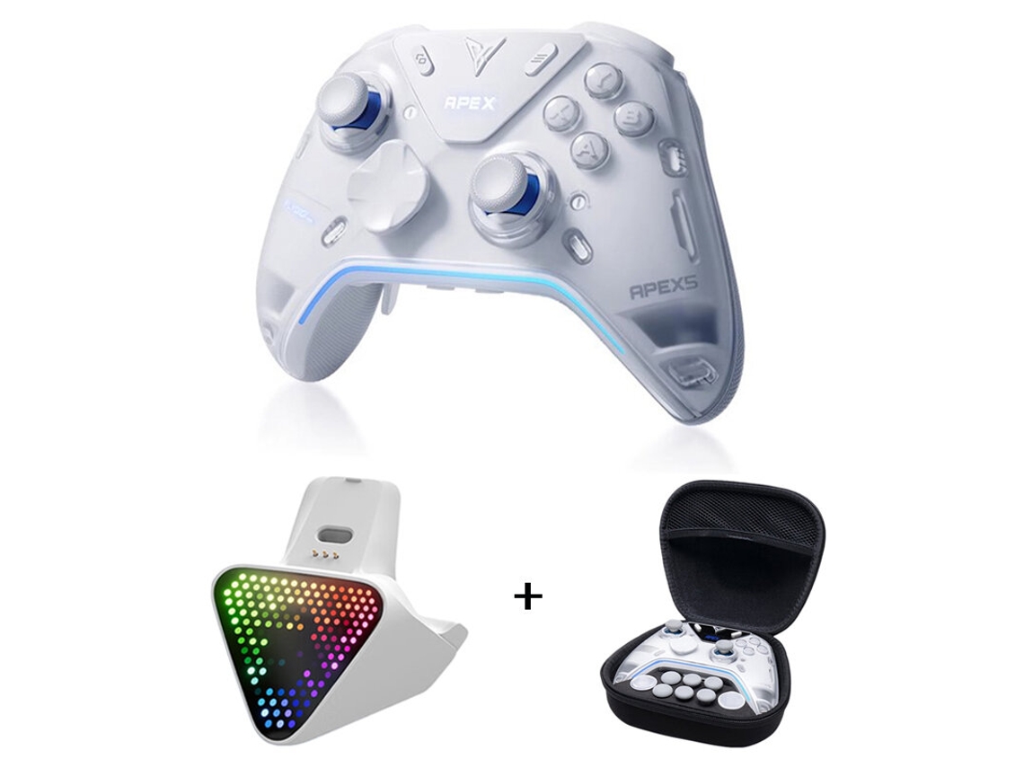 Mando Flydigi Apex 5 Elite con empuñadura blanca individual, retroalimentación de fuerza, iluminación RGB, mando de juegos inalámbrico Bluetooth.