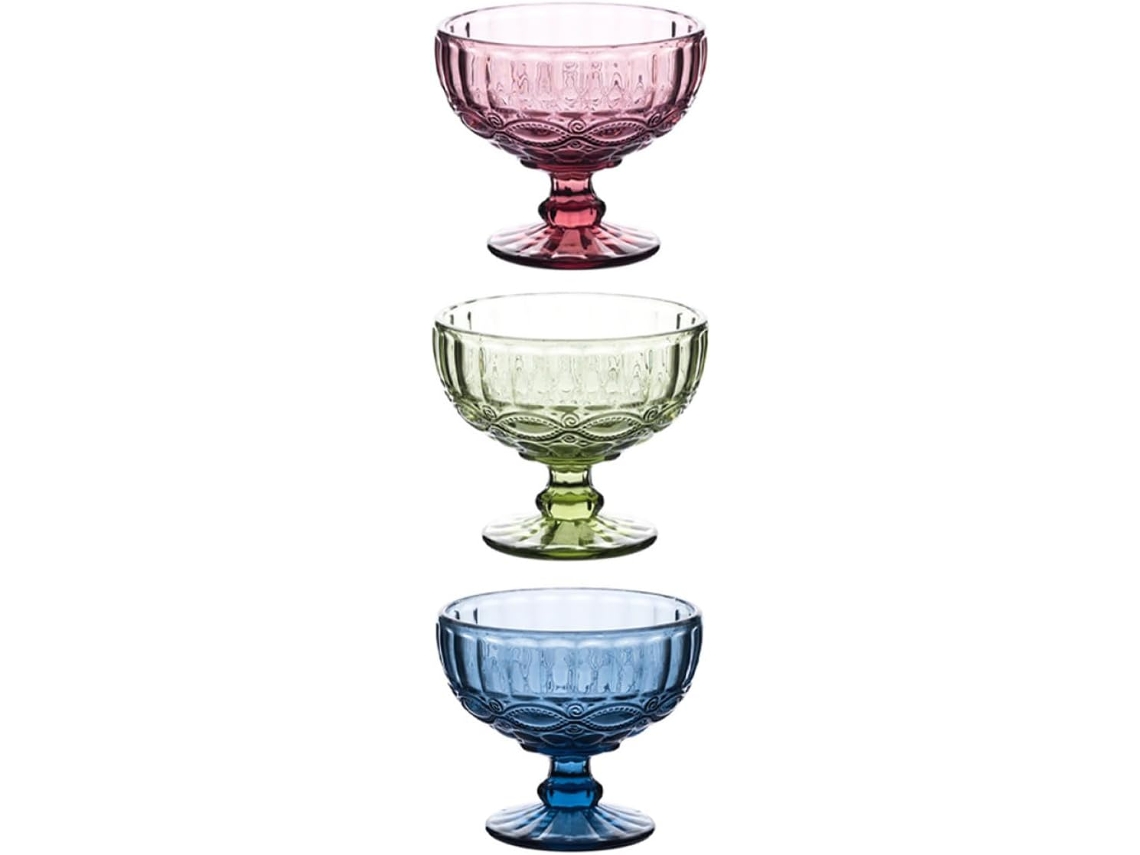 Juego de 3 cuencos transparentes para postre con estampados azules, verdes y morados, originales vasos para helado, vajilla CHABERLU