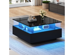Mesa de centro LED de 70x70x41 cm, 2 cajones, vitrina de cristal, 30 kg, estilo moderno para salón.