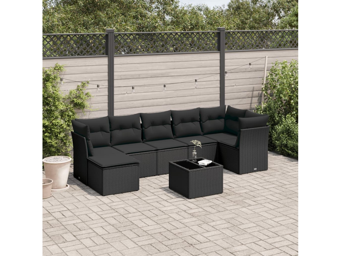 Conjunto de 8 sofás de jardín con cojines de mimbre sintético negro, Dkd Home Decor
