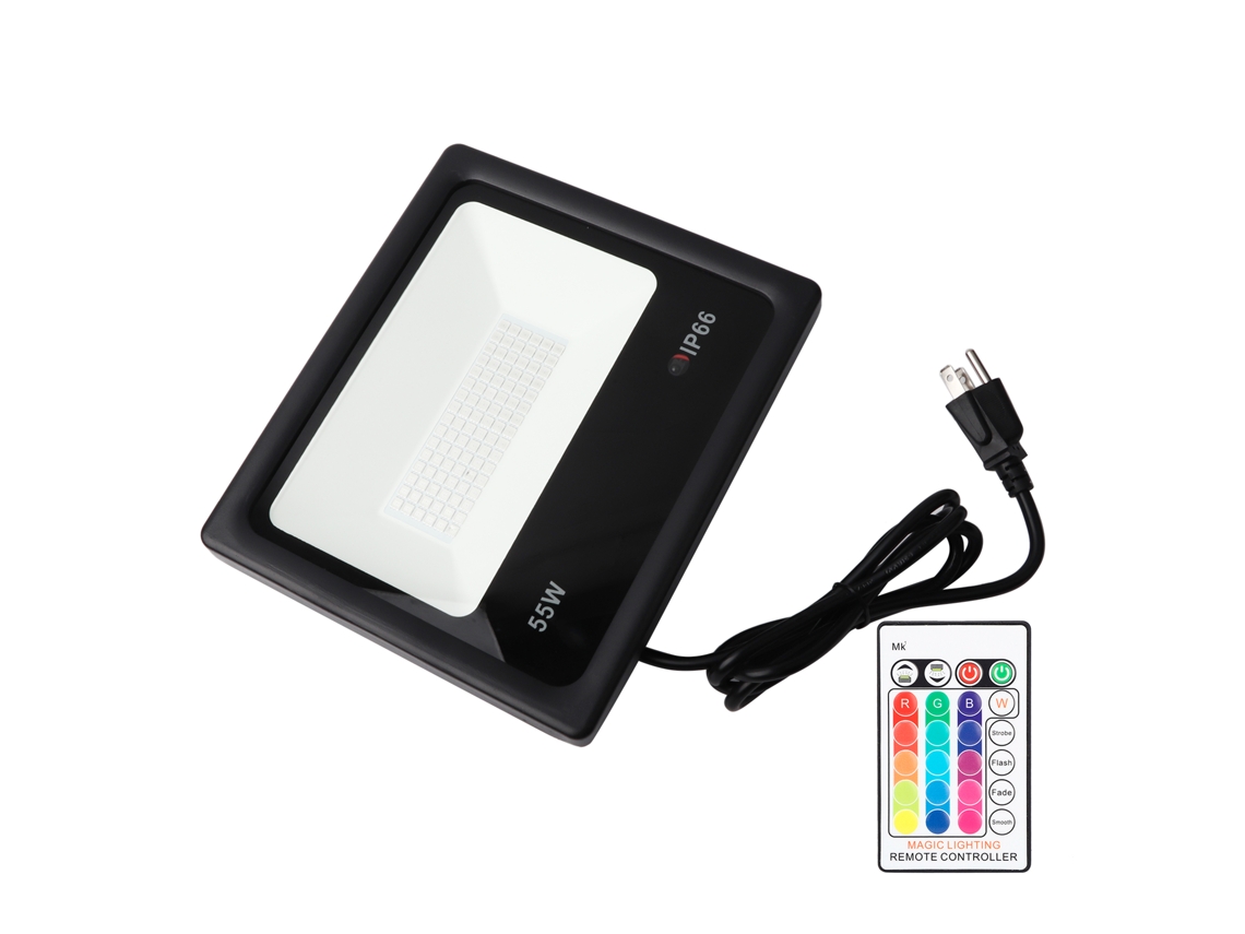Proyector LED RGB de 55 W con control remoto para patio y calle.