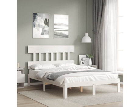 VIDAXL Cama doble blanca de madera maciza con cabecero (Madera - 135 x 190 cm)