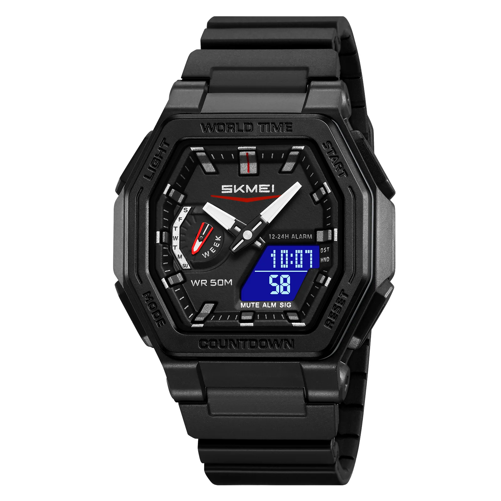 Reloj De Cuarzo Negro Resistente Al Agua Con Calendario, Cronómetro Analógico, Alarma Y Función Luminosa Led.