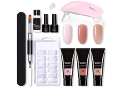 Kit de uñas de gel con gel constructor, moldes de extensión, lámpara UV y lima, ideal para principiantes en manicura.