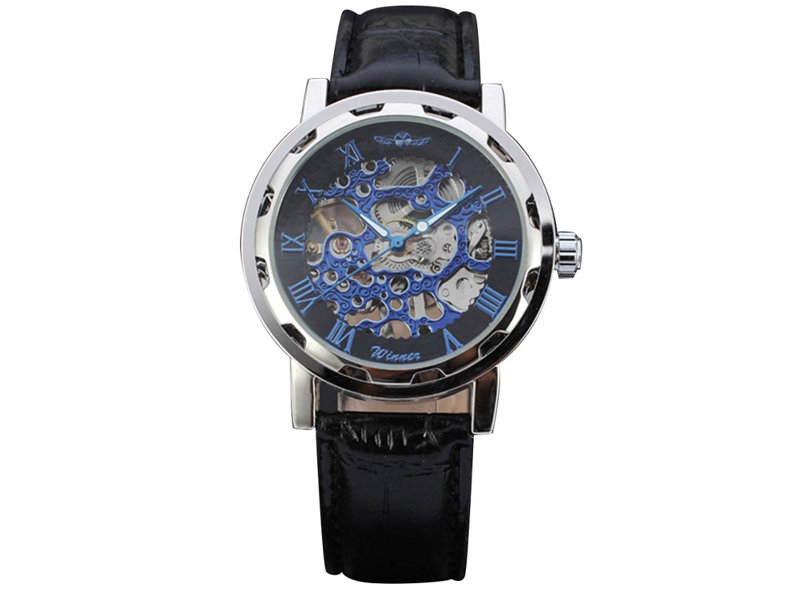 Reloj Mecánico Impermeable Para Hombre Winner, Modelo Business, Con Correa De Piel Sintética Negra Y Azul.