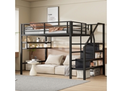 Cama Alta De 140x200 Con Estantes Y Escalera, Acabado En Negro.