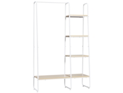 Perchero de estilo industrial con 4 estantes y barra para colgar ropa, 101x39x160cm, madera y blanco.
