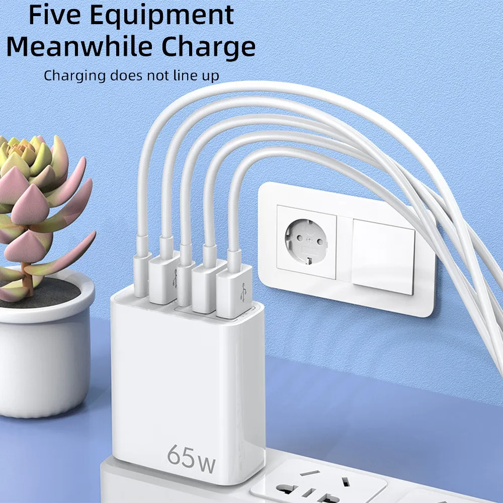 Cargador USB C de 5 puertos y 65 W, enchufe británico PD, cargador rápido Lowmoose