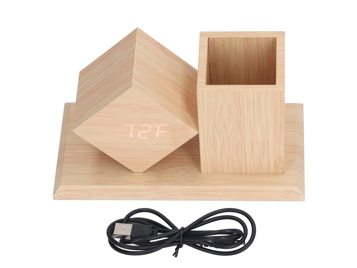 Reloj despertador digital de madera con control de voz portátil, pantalla LED, batería USB HD y termómetro.