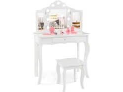 Tocador de Maquillaje para Niña con Taburete, Juego de Maquillaje Princesa 2 en 1 con Espejo Triple Plegable de Vidrio y Cajón para Niñas COSTWAY