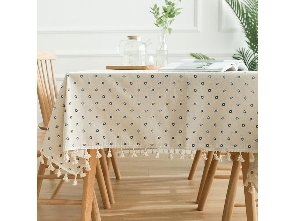 2026-40616-mantel Rectangular De Lino Y Algodón Antiarrugas Antiretreceder Para Fiesta Cocina Comedor Azul Bellis Perennis 55x86.6 Pulgadas