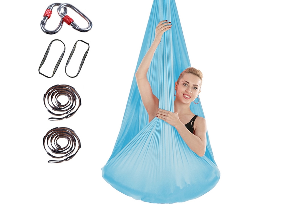 Hamaca de yoga de 400 x 280 cm con correa de extensión y cierre (azul lago)