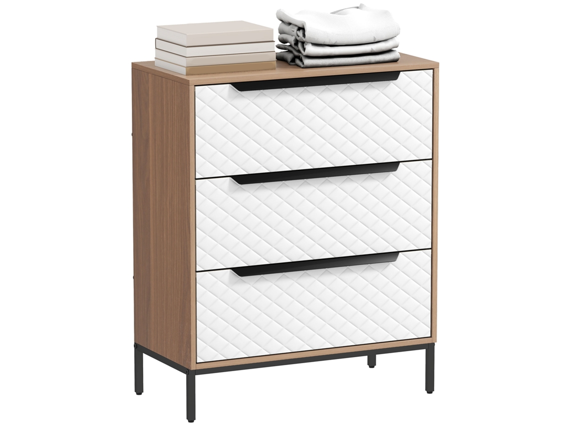 Cómoda De 3 Cajones, Tela Con Estampado De Rombos, Ideal Para Salón, Despacho O Armario, Color Blanco Natural.