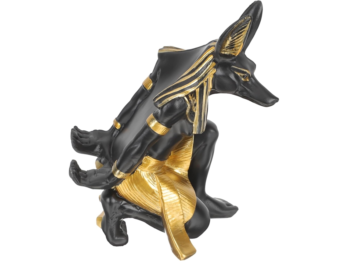 Botellero de resina negra con escultura del perro Anubis, diseño único y delicado.