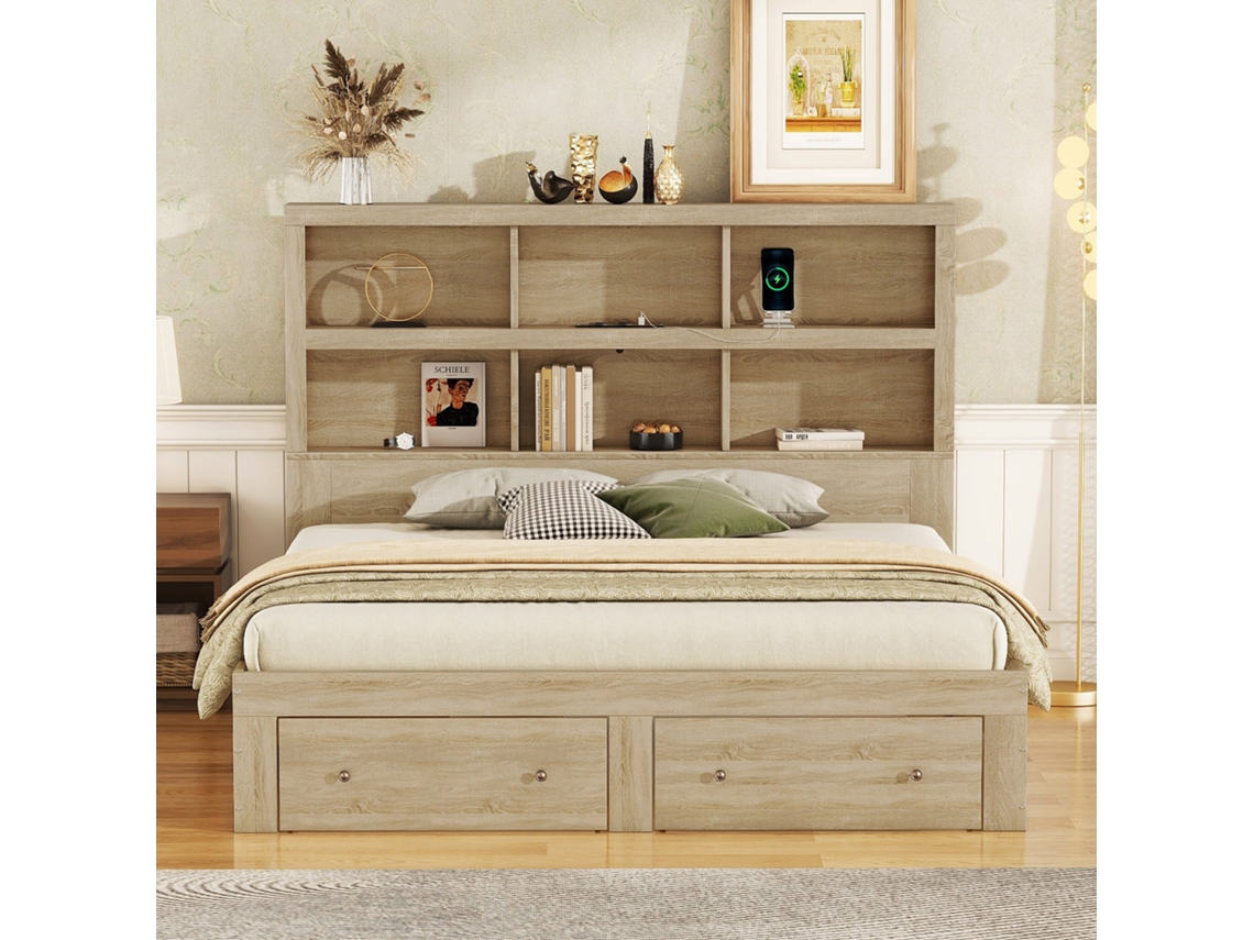 Cama Doble 160x200 Cm, Plataforma Con Cabecero Almacenaje, Dos Cajones, Seis Estantes, Usb Integrado, Diseño Moderno, Natural
