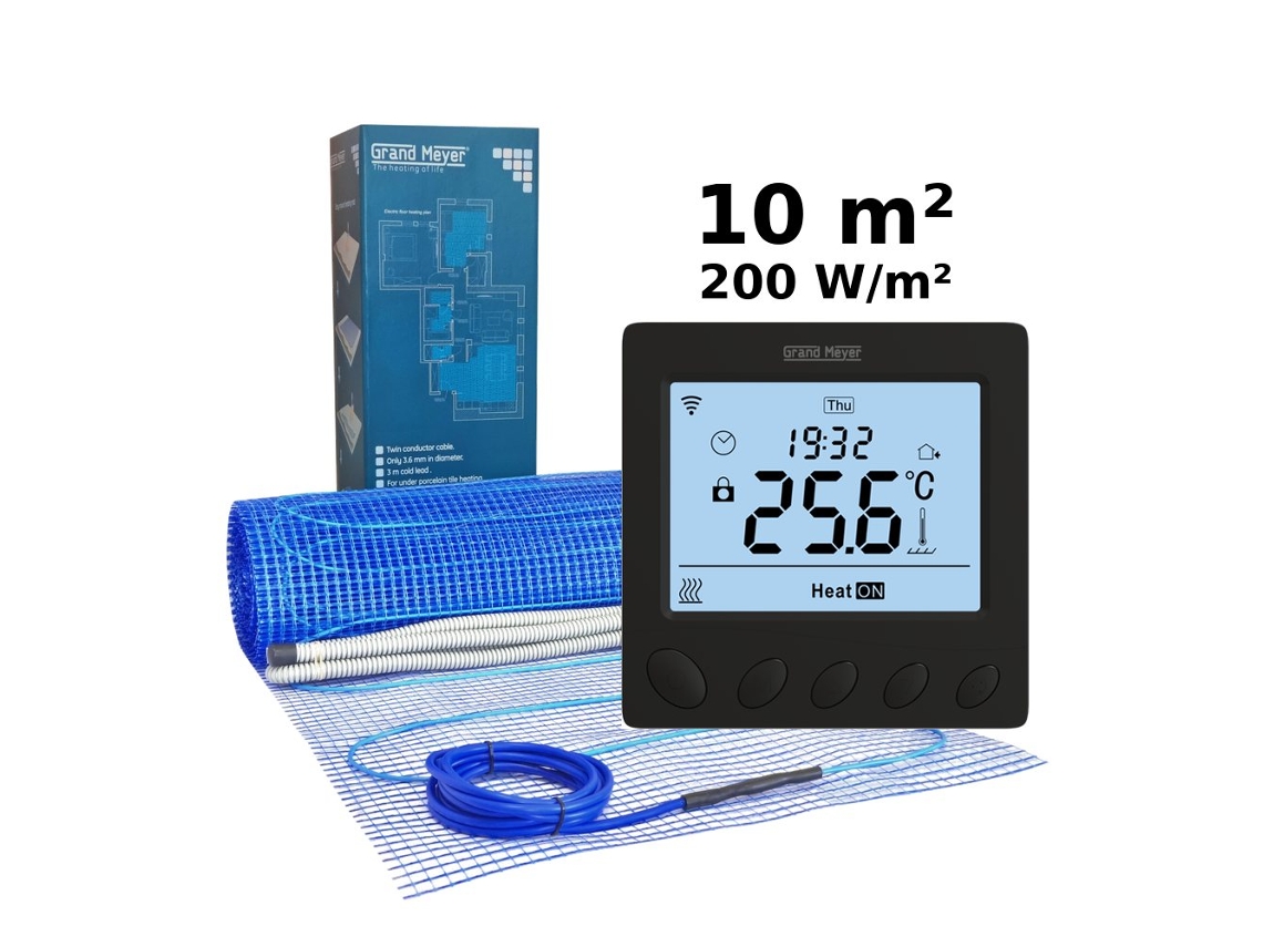 Kit de calefacción eléctrica por suelo radiante de 10 m², 200 W/m² W390. Termostato programable Wi-Fi Grand Meyer.