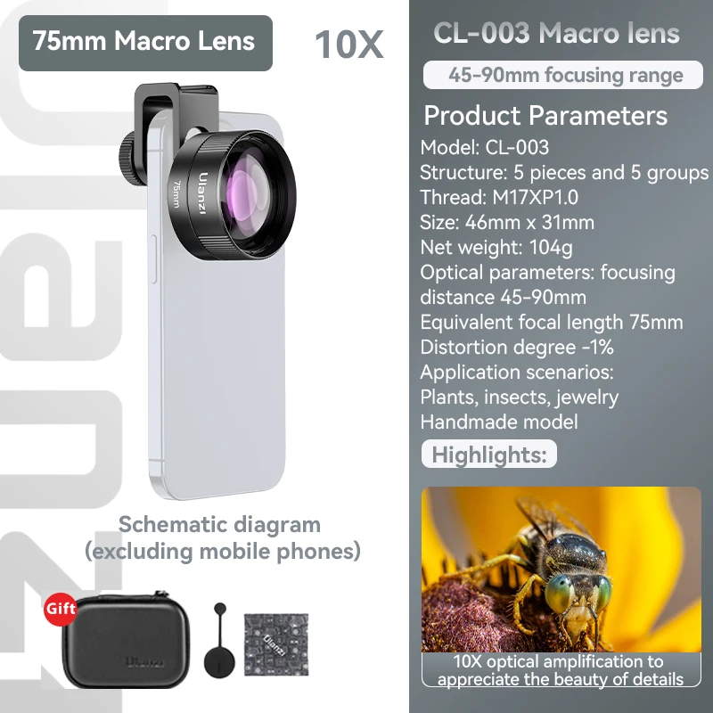 Kit de lente macro de 75 mm para teléfonos móviles con montura de clip, lente de aumento ultra de 0,5x y lente ojo de pez externa, para iPhone 16/15