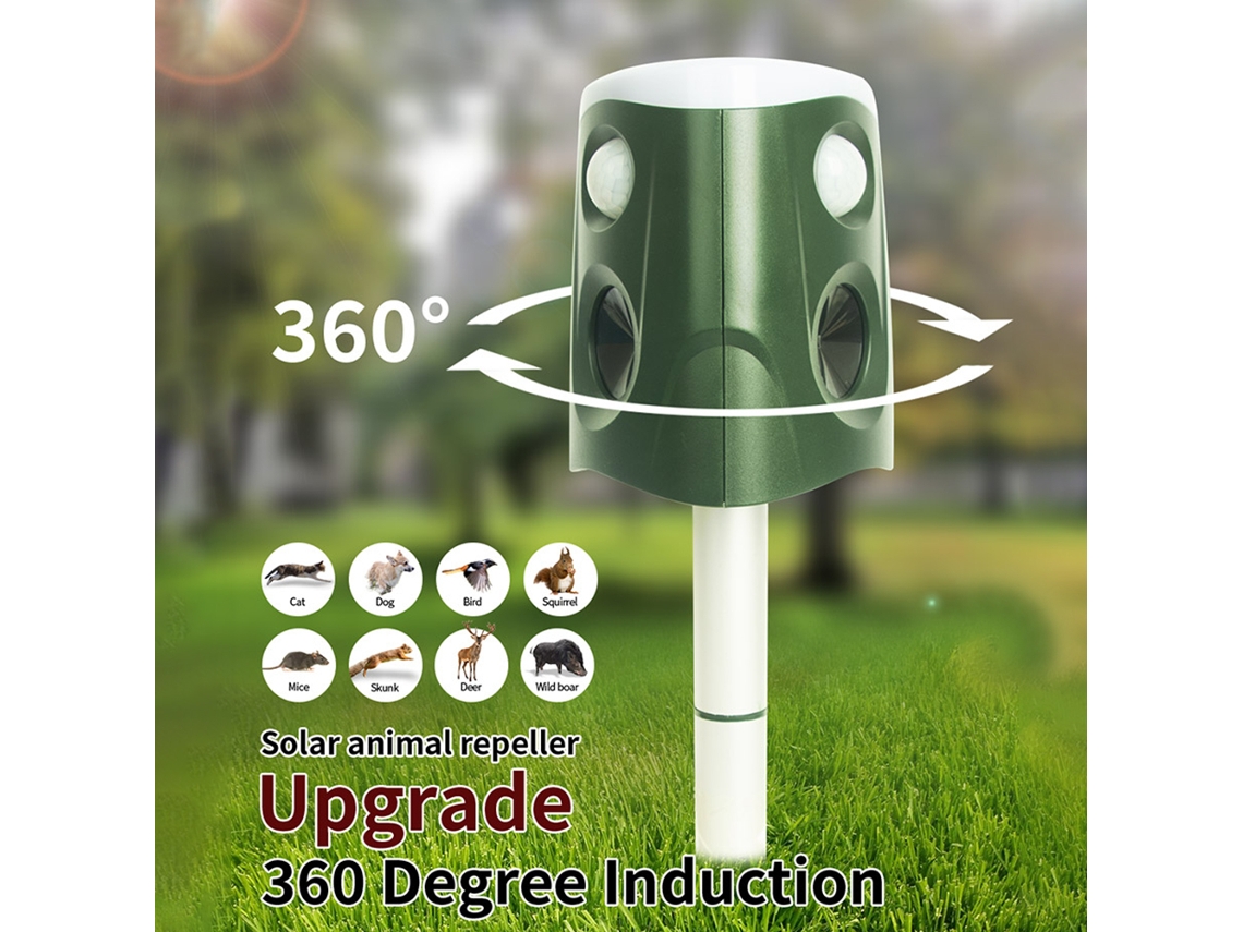 Repelente Ultrasónico Solar Para Mascotas De Uso Exterior Con Sensor Pir De 360°, Clasificación Ip66, Luz Led Y Múltiples Modos.