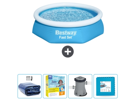 Piscina Hinchable Redonda Fast Set BESTWAY - 244 x 61 cm - Azul - Incluida Vela solar - Paquete de mantenimiento - Bomba - Baldosas
