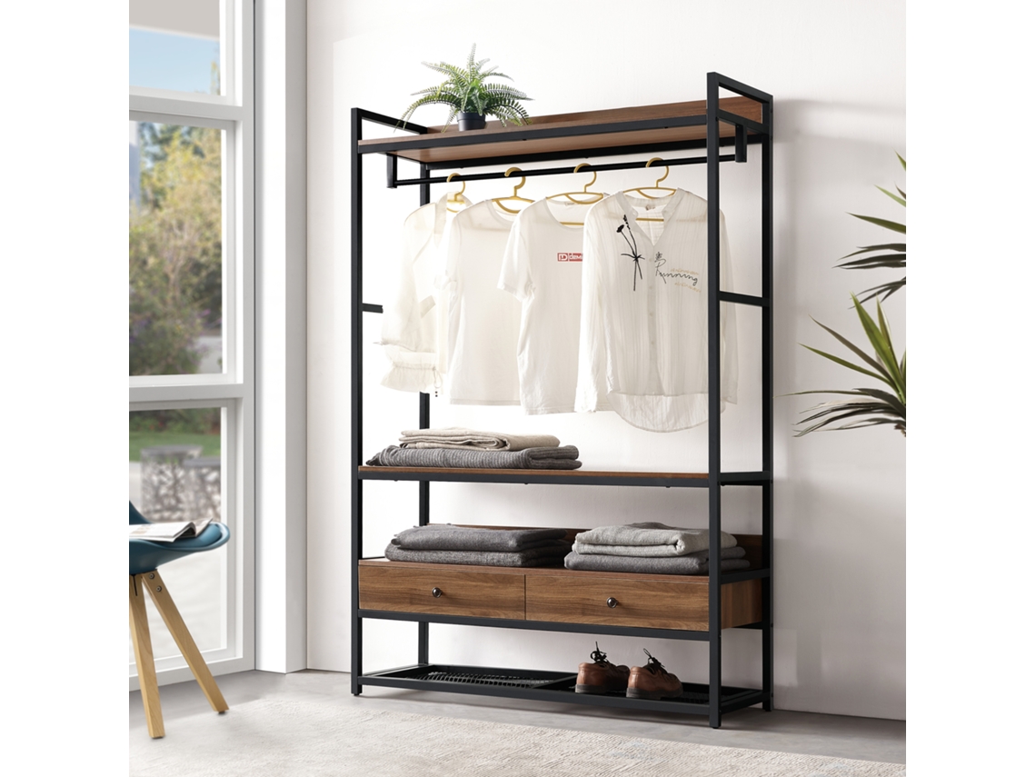 Mueble de entrada Isen con barra 2 cajones 4 estantes metal y MDF 180 x 120 x 40 cm Negro y Efecto nogal [EN.CASA]