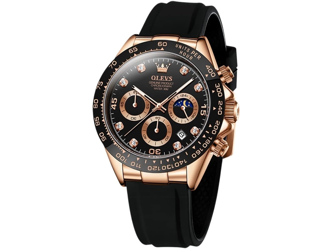 Reloj Deportivo de Cuarzo para Hombre con Correa de Silicona Negra Cronógrafo Luminoso Impermeable Fase de Luz de Luna Dorado