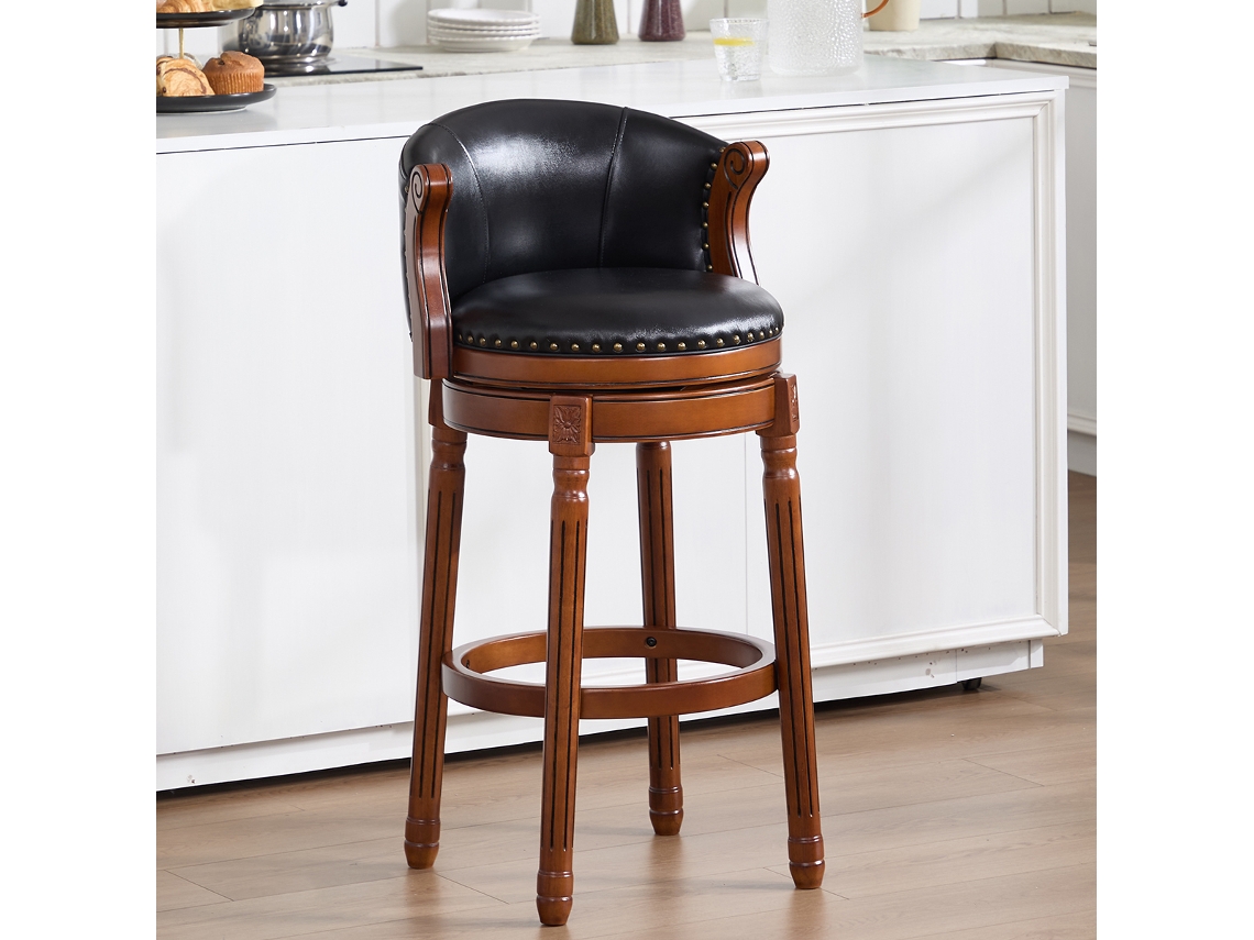Taburete De Bar De Madera Con Asiento De Cuero De Vaca, Giratorio 360°.