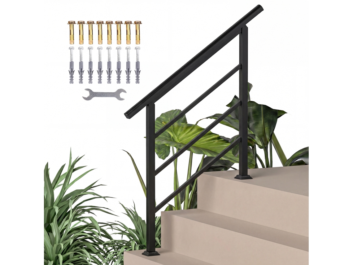 Corrimão Escada 95cm Kit Instalação Ajustável 1-3 Degraus Preto