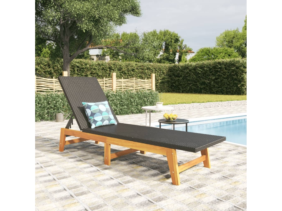 Tumbona Sillas Lounger de Vime Pe y Acacia Maciza Negro y Marrón