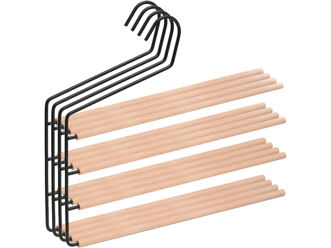 COM-FORT HOUSE - Perchas de Metal para Pantalones con Barra de Madera- Pack 4 Unidades - Perchas Color Negro - Finas y Resistentes para Ordenar tu Ropa - con 4 Niveles para Colgar