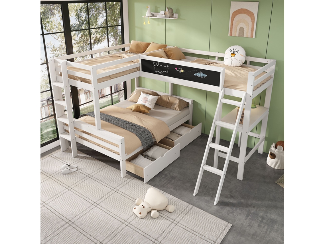 Litera cama infantil con cajones y escritorio,cama triple de madera de pino,con estante,140x200cm190x200cm2,blanco,sin colchon