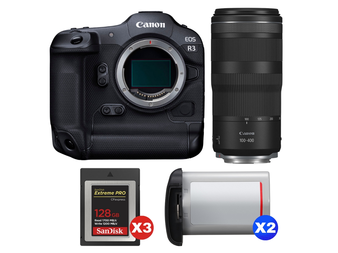 Canon Eos R3 + Rf 100-400mm F/5.6-8 Is Usm + 3 Sandisk 128gb Extreme Pro Cfexpress Type B + 2 Canon Lp-e19 + Ebook Pricedirect