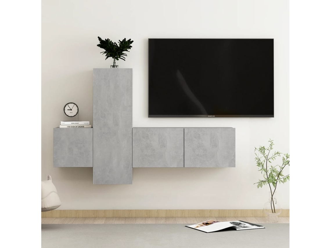 3 Pzs Pack de Muebles de Armario Tv Contrachapado Gris Cemento