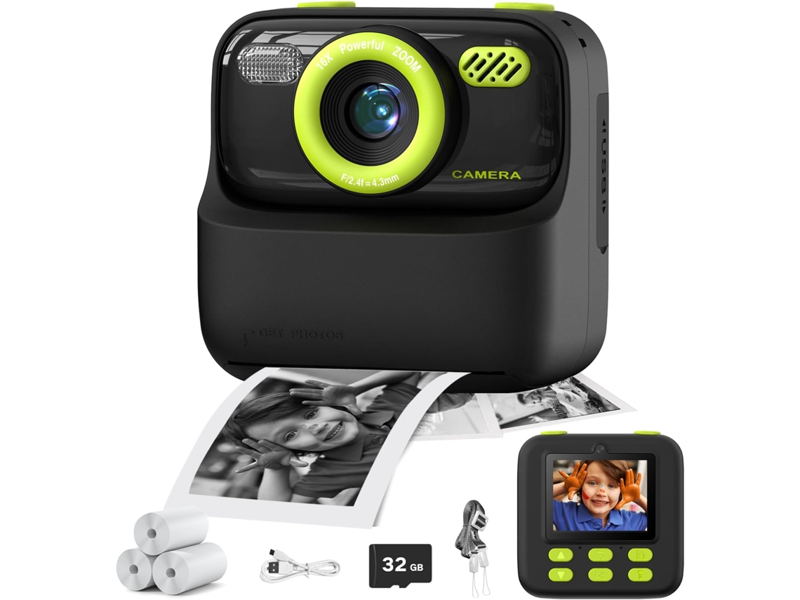 Cámara instantánea para niños Gertiz 1080p HD con pantalla IPS de 2,4 pulgadas, impresión térmica y tarjeta de 32 g, color negro y verde